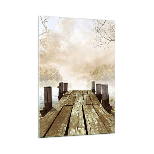 Obraz na szkle - Drewniany pomost nad spokojnym jeziorem we mgle - 50x70cm - Łagodny smutek jesieni - Nowoczesna dekoracja ścienna do salonu, kuchni i sypialni ARTTOR