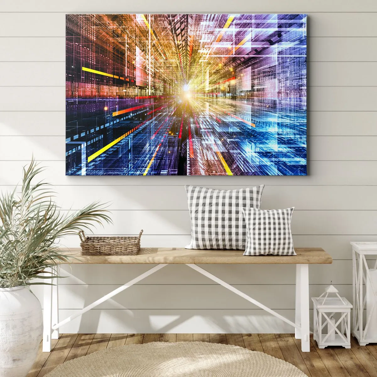 Obraz na płótnie - Dynamiczne światła w futurystycznym korytarzu - 70x50cm - Świetlny korytarz - Nowoczesna dekoracja ścienna do salonu i sypialni ARTTOR