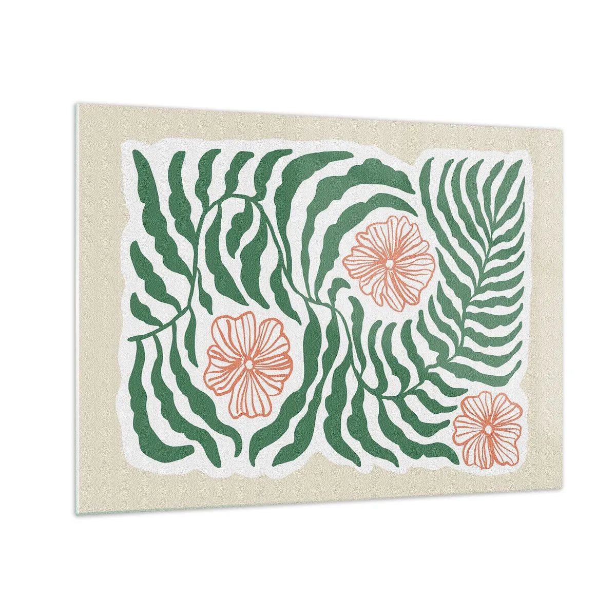 Obraz na szkle - Zielone liście i czerwone kwiaty w graficznym układzie - 70x50cm - Rozkwitłe w zieleni - Nowoczesna dekoracja ścienna do salonu i sypialni ARTTOR