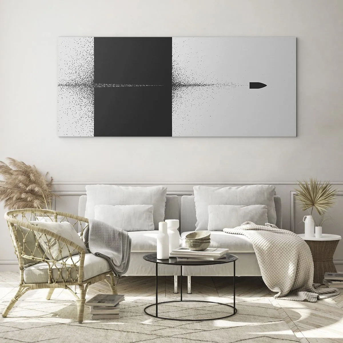 Obraz na szkle - Symboliczny pocisk w minimalistycznym, abstrakcyjnym stylu - 160x50cm - Prosto do celu - Nowoczesna dekoracja ścienna do salonu i sypialni ARTTOR