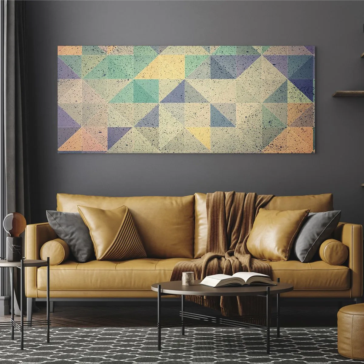 Obraz na szkle - Kolorowa kompozycja geometrycznych trójkątów w pastelowych odcieniach - 120x50cm - Republika trójkątów - Nowoczesna dekoracja ścienna do salonu i sypialni ARTTOR