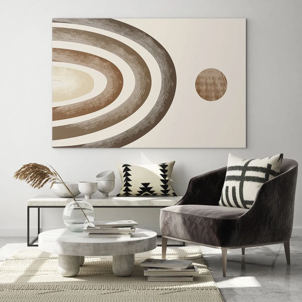 Obraz na szkle - Abstrakcyjne pasy i okrąg w odcieniach brązu - 70x50cm - W odległej galaktyce - Nowoczesna dekoracja ścienna do salonu i sypialni ARTTOR