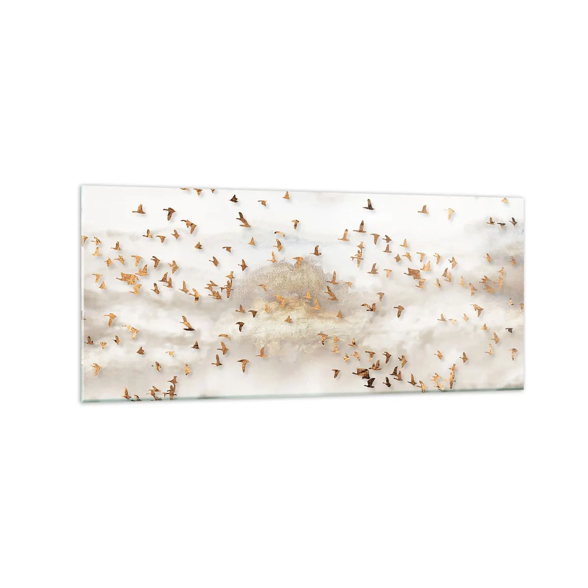 Obraz na szkle - Złote ptaki na tle mglistych gór - 120x50cm - Już czas… - Nowoczesna dekoracja ścienna do salonu i sypialni ARTTOR