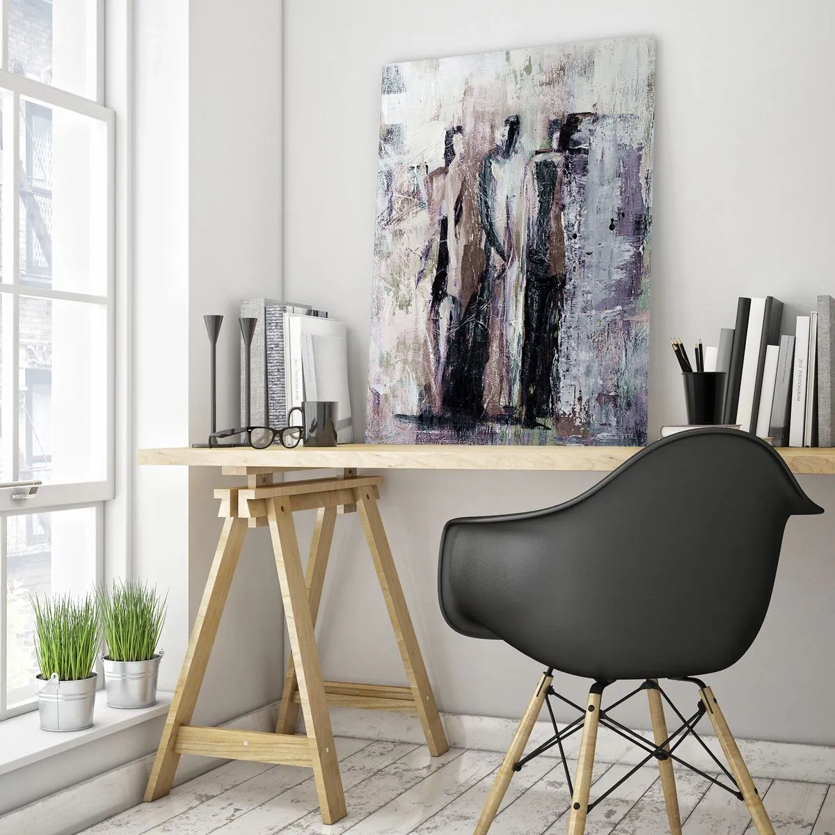 Obraz na szkle - Abstrakcyjna kompozycja z trzema postaciami w pastelowych barwach - 70x100cm - Tajemnicza trójka - Nowoczesna dekoracja ścienna do salonu i sypialni ARTTOR