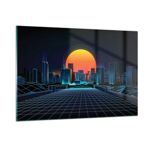 Obraz na szkle - Futurystyczna panorama miasta z zachodem słońca - 120x80cm - Wciąż chcesz do realu? - Nowoczesna dekoracja ścienna do salonu, kuchni i sypialni ARTTOR