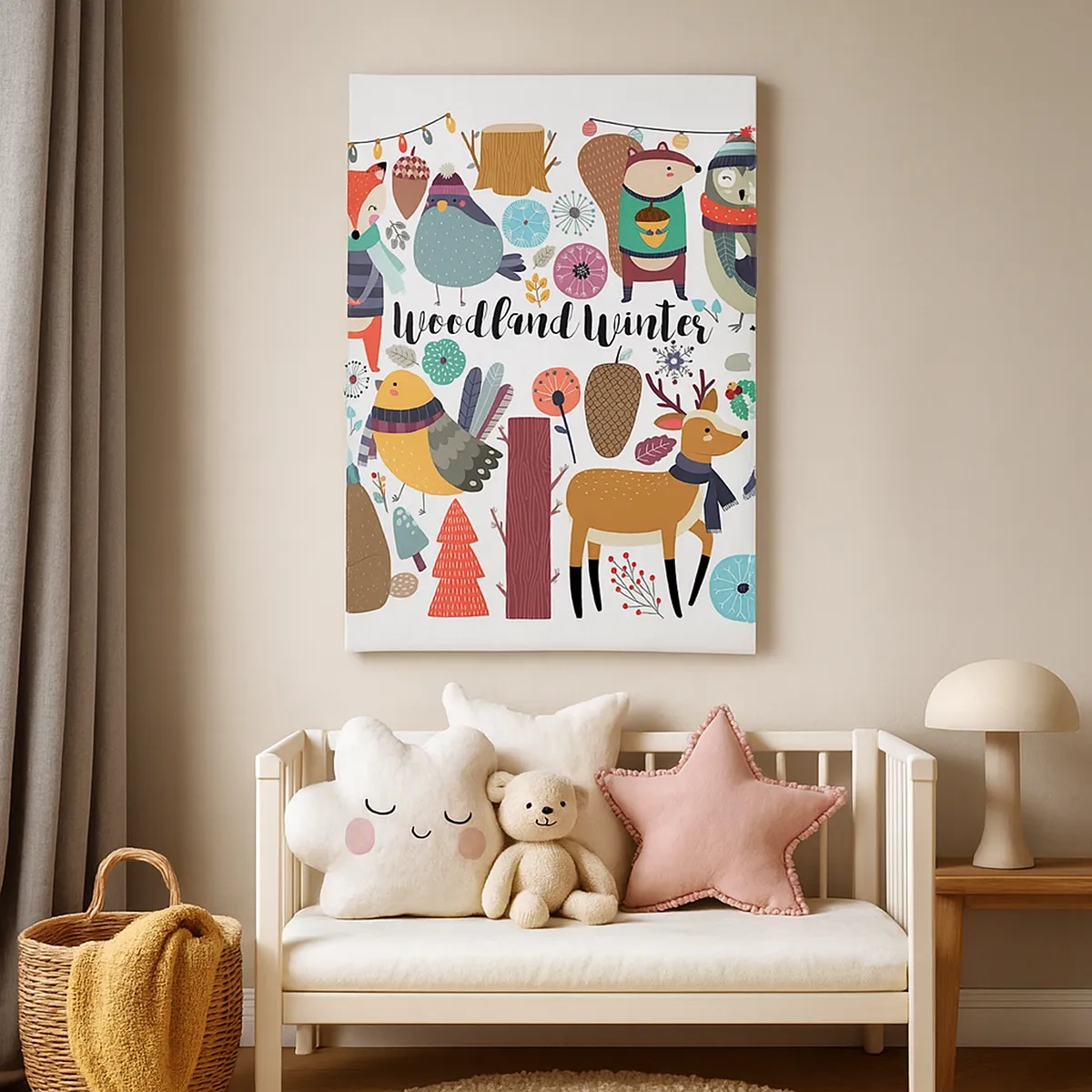 Obraz na płótnie - Zimowy las w bajkowym stylu z uroczymi zwierzętami - 50x70cm - Bajkowe święta w lesie - Nowoczesna dekoracja ścienna do salonu, kuchni i sypialni ARTTOR