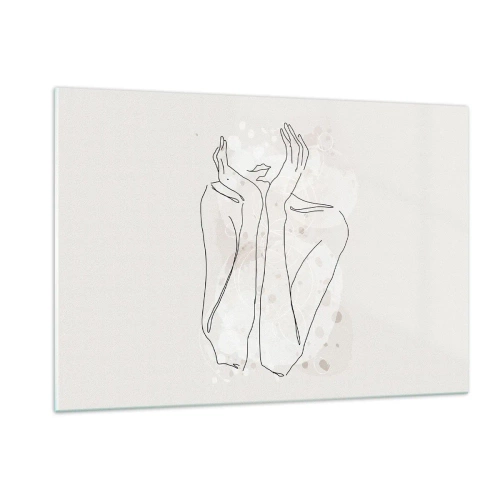Obraz na szkle - Minimalistyczny szkic kobiecych dłoni i ust na tle beżu - 120x80cm - Rozmarzona chwila - Nowoczesna dekoracja ścienna do salonu, kuchni i sypialni ARTTOR