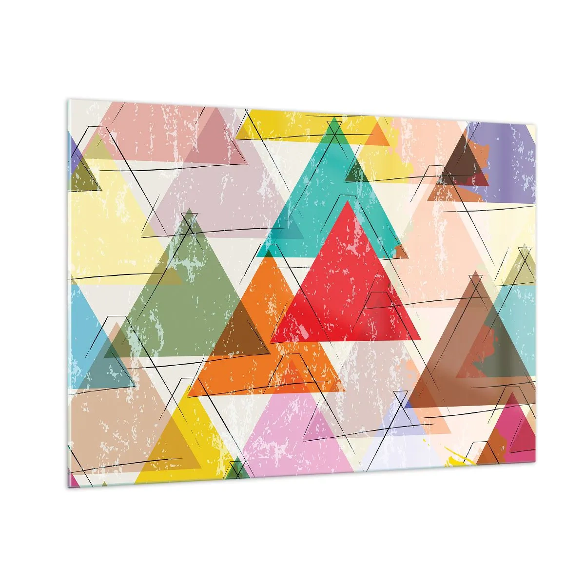 Obraz na szkle - Abstrakcyjny wzór trójkątów w różnych kolorach - 100x70cm - Trzy po trzy - Nowoczesna dekoracja ścienna do salonu, kuchni i sypialni ARTTOR