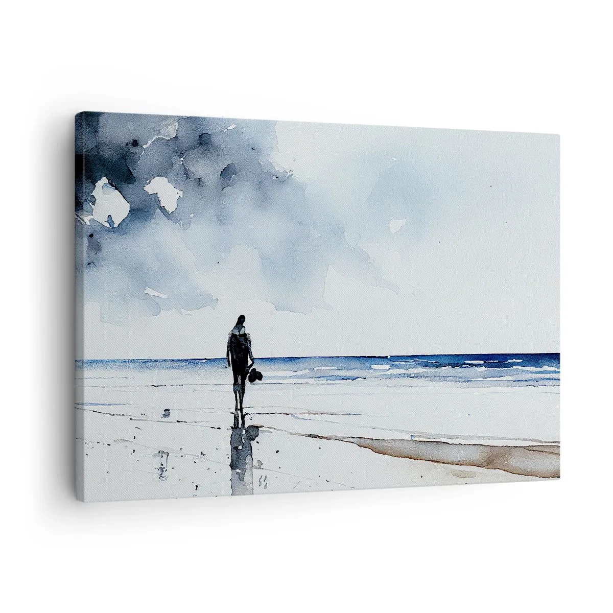 Obraz na płótnie - Postać na plaży w spokojnym otoczeniu morza - 70x50cm - Rozmowa z morzem - Nowoczesna dekoracja ścienna do salonu i sypialni ARTTOR