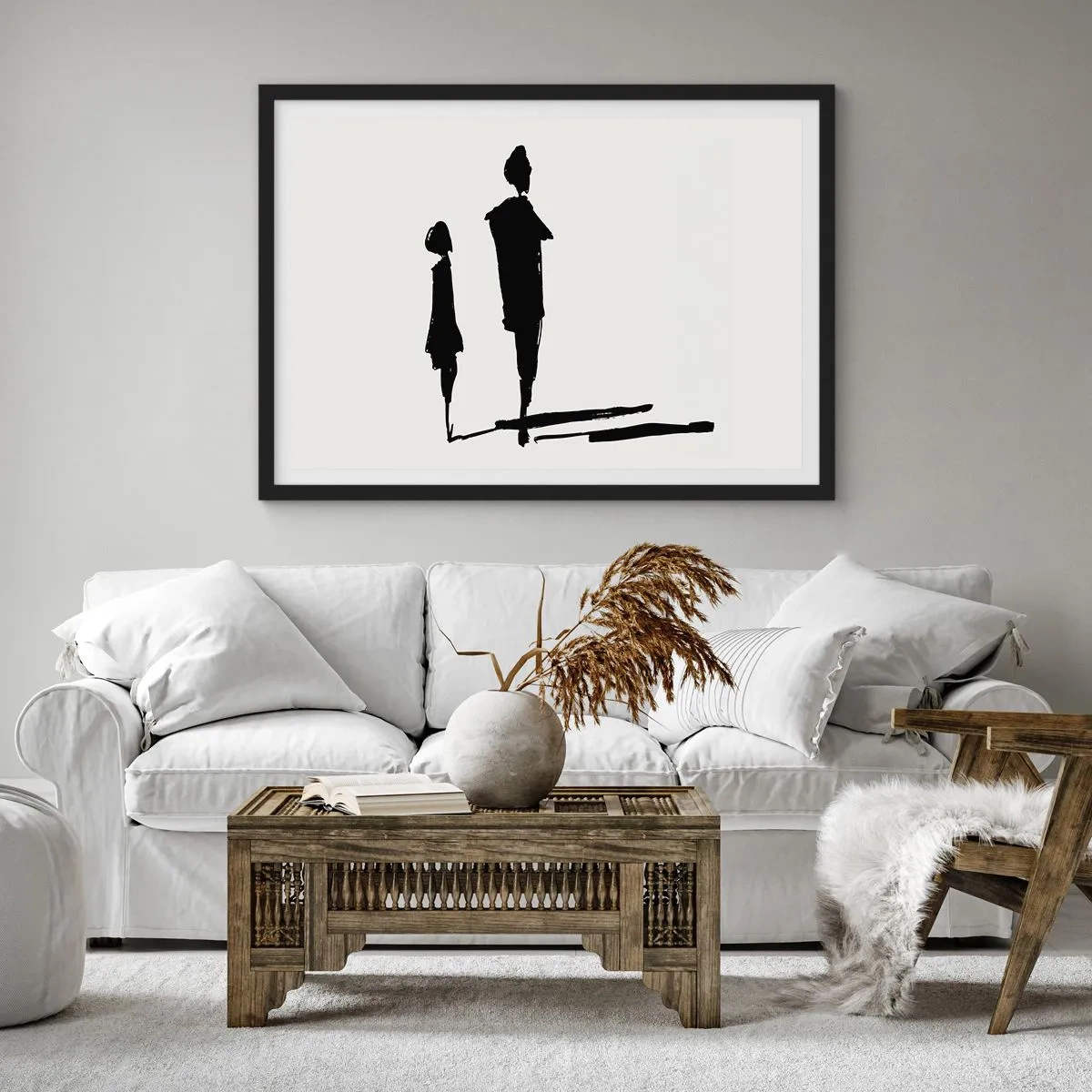 Plakat w czarnej ramie - Sylwetki dwóch osób w czerni na jasnym tle - 70x50cm - Na pewno razem? - Nowoczesna dekoracja ścienna do salonu i sypialni ARTTOR