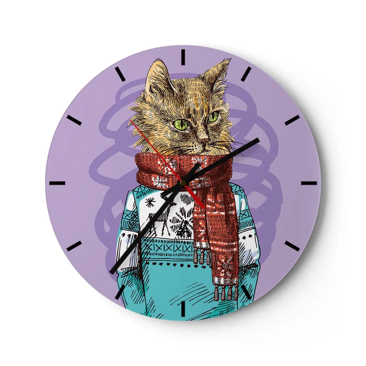 Zegar ścienny - Kot w zimowym stroju z szalikiem na fioletowym tle - 30x30cm - Kot nie tylko w butach - Nowoczesna dekoracja ścienna do salonu, kuchni i sypialni ARTTOR