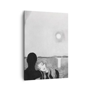 Obraz na płótnie - Sylwetka kobiety opierającej głowę na ramieniu postaci w cieniu na tle księżyca i wodospadu - 50x70cm - Zawsze tajemnica - Nowoczesna dekoracja ścienna do salonu, kuchni i sypialni ARTTOR