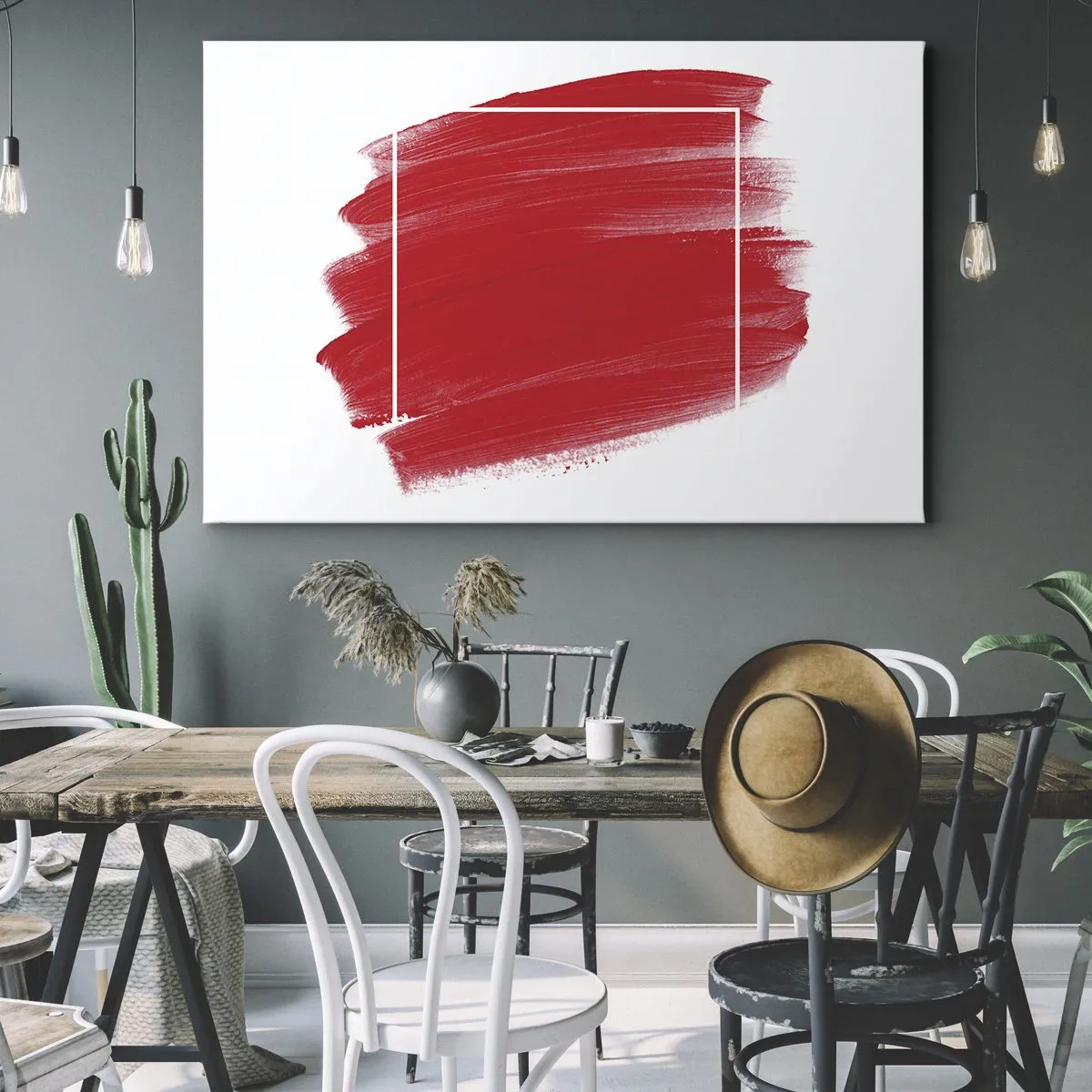 Obraz na płótnie - Czerwona plama pędzla z białą ramką - 70x50cm - Poza ramą - Nowoczesna dekoracja ścienna do salonu i sypialni ARTTOR