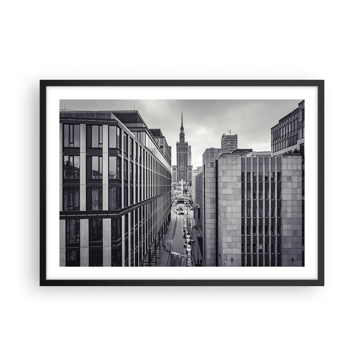 Plakat w czarnej ramie - Panorama Warszawy z widokiem na Pałac Kultury i otaczające budynki - 70x50cm - Warszawska dolina - Nowoczesna dekoracja ścienna do salonu i sypialni ARTTOR