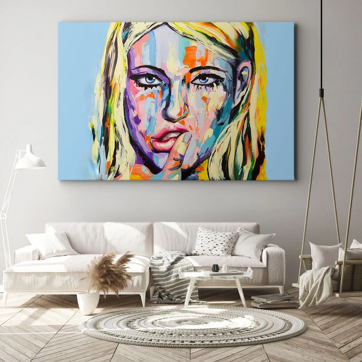 Obraz na płótnie - Kolorowy portret kobiety w stylu abstrakcyjnym - 100x70cm - Spójrz jej prosto w oczy - Nowoczesna dekoracja ścienna do salonu, kuchni i sypialni ARTTOR