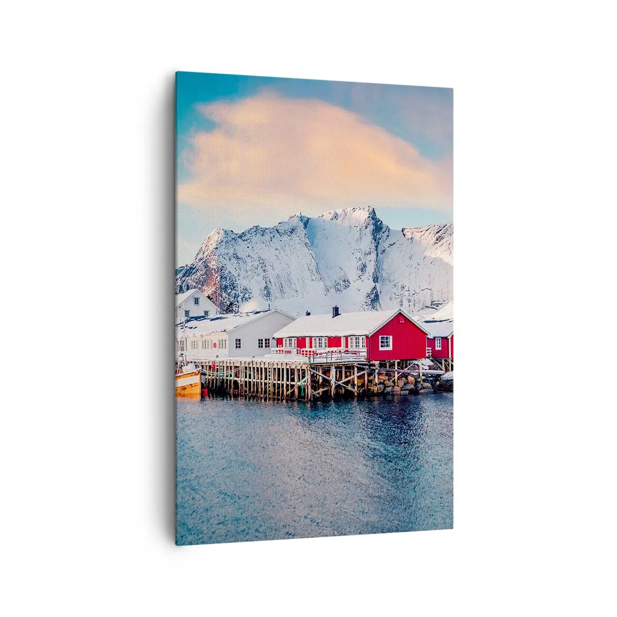 Obraz na płótnie - Czerwone domki na tle śnieżnych gór i błękitnego morza - 80x120cm - Północne ustronie - Nowoczesna dekoracja ścienna do salonu i sypialni ARTTOR