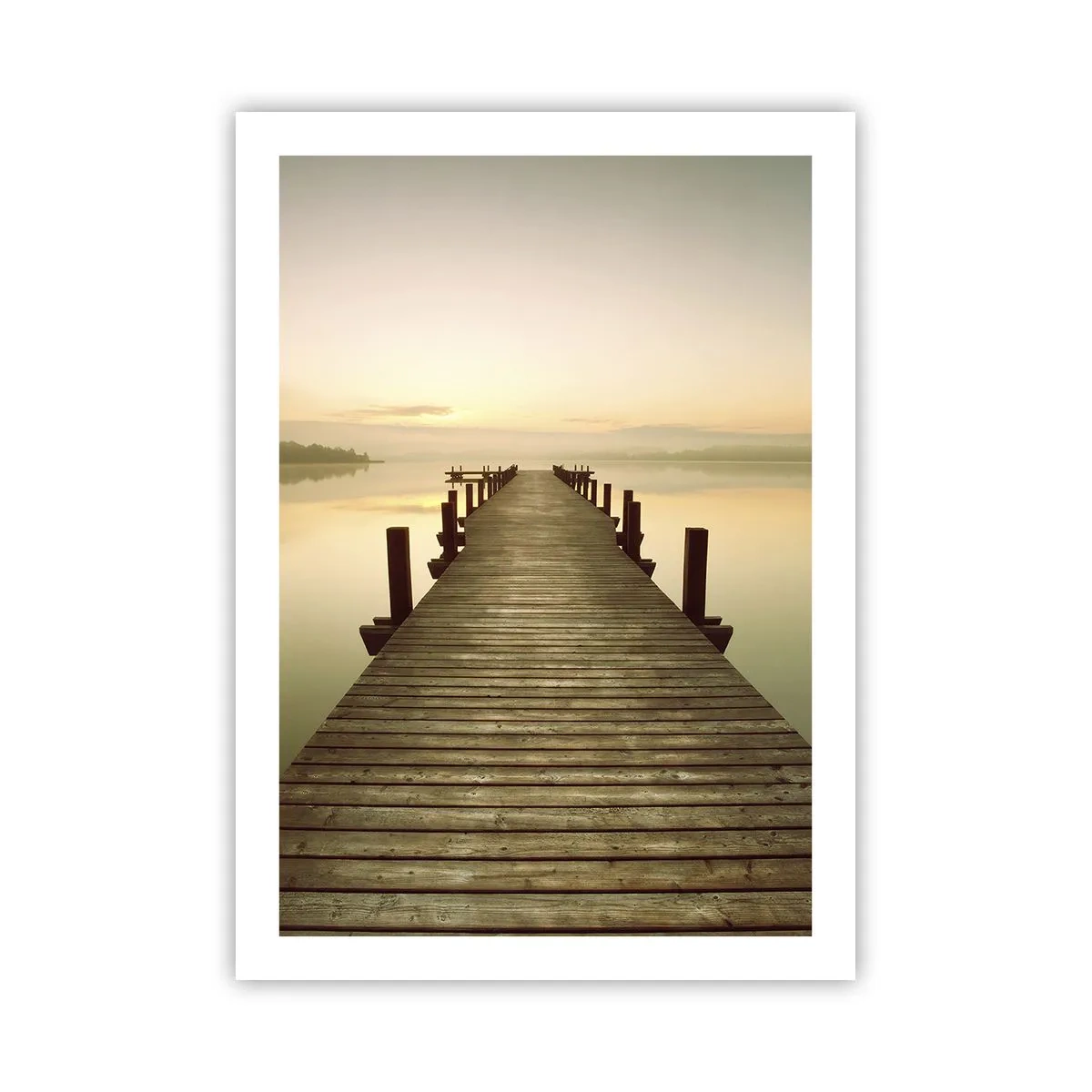 Plakat - Drewniane molo nad spokojnym jeziorem o poranku - 50x70cm - Przedświt, świtanie, światło - Nowoczesna dekoracja ścienna do salonu, kuchni i sypialni ARTTOR