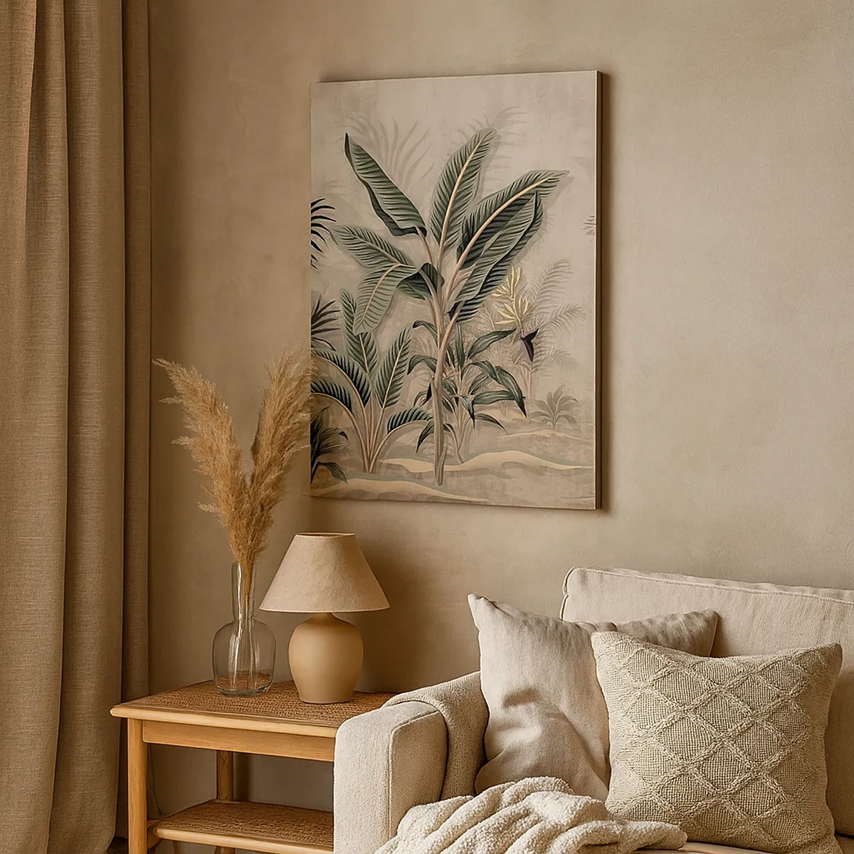 Obraz na płótnie - Tropikalne rośliny bananowca na beżowym tle - 50x70cm - Rycina w kolonialnym stylu - Nowoczesna dekoracja ścienna do salonu, kuchni i sypialni ARTTOR