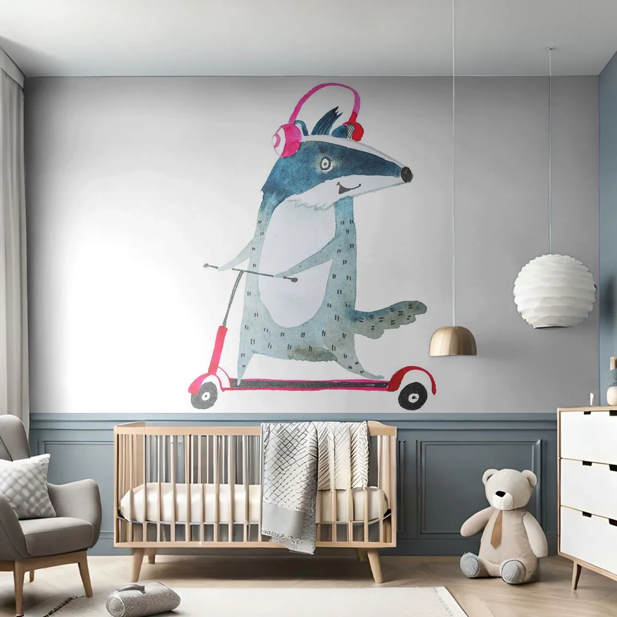 Fototapeta Premium Sand - Borsuk w słuchawkach jadący na hulajnodze - 100x70cm - Borsucze radości - Nowoczesna dekoracja ścienna do salonu, kuchni i sypialni ARTTOR