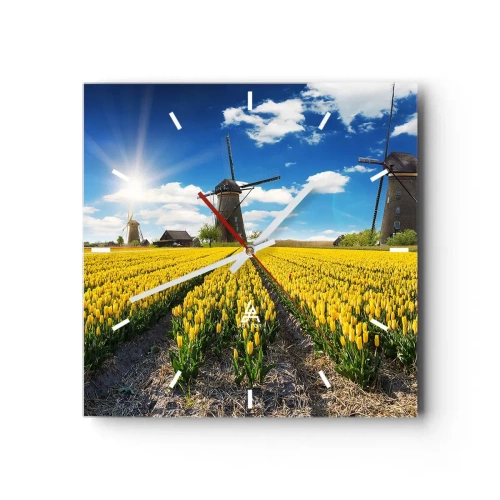 Zegar ścienny - Pole żółtych tulipanów z wiatrakami na horyzoncie - 30x30cm - Bardziej holenderski być nie może - Nowoczesna dekoracja ścienna do salonu i sypialni ARTTOR