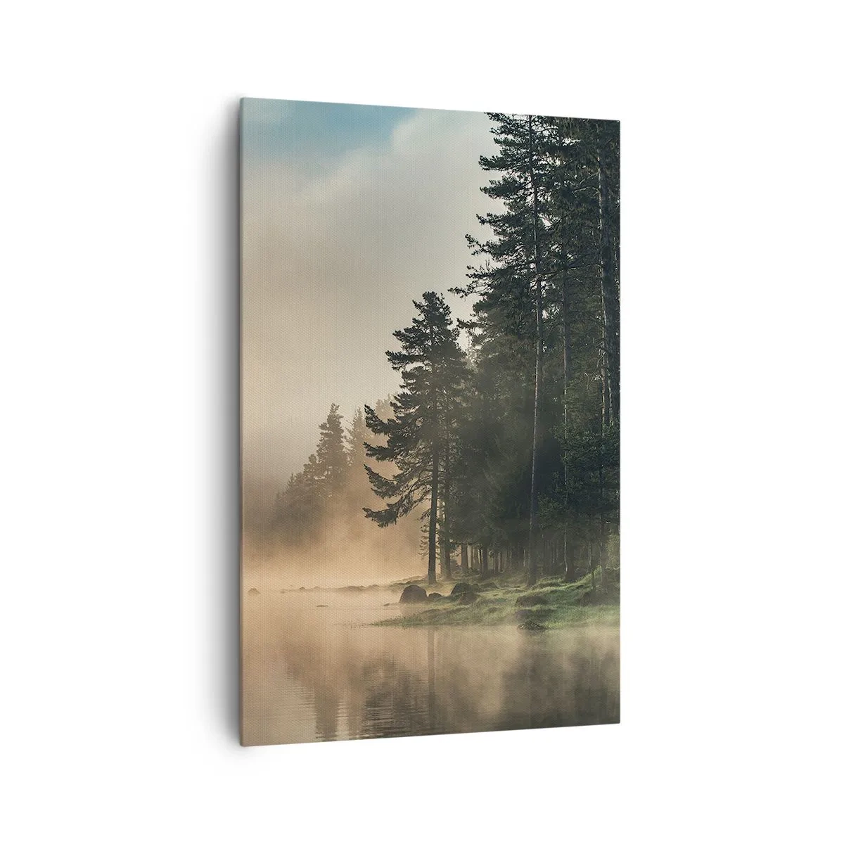 Obraz na płótnie - Mglisty las nad spokojnym jeziorem - 80x120cm - Narodziny dnia - Nowoczesna dekoracja ścienna do salonu i sypialni ARTTOR
