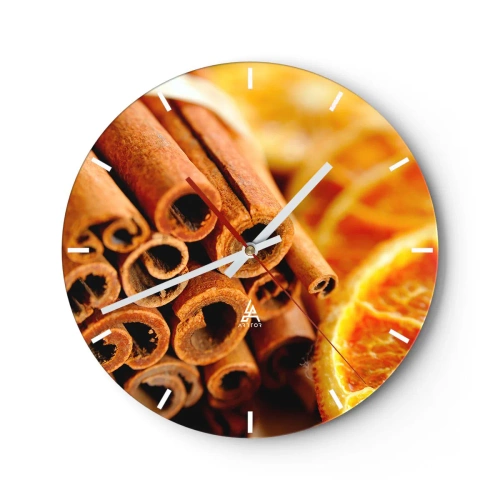 Zegar ścienny - Laski cynamonu i suszone pomarańcze w ciepłych tonacjach - 30x30cm - Czujesz ich aromat? - Nowoczesna dekoracja ścienna do salonu, kuchni i sypialni ARTTOR