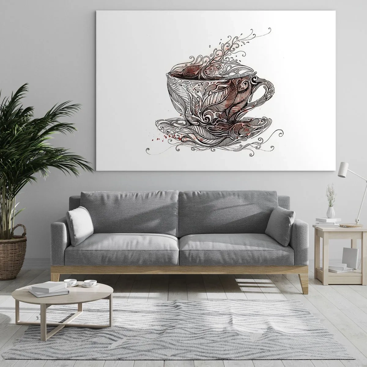 Obraz na szkle - Artystyczny rysunek filiżanki z ornamentami i parą - 100x70cm - Herbata dobra na wszystko - Nowoczesna dekoracja ścienna do salonu, kuchni i sypialni ARTTOR
