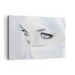 Obraz na płótnie - Portret kobiety z błękitnymi oczami ukrytej za białym welonem - 100x70cm - Wprost z tysiąca i jednej nocy - Nowoczesna dekoracja ścienna do salonu, kuchni i sypialni ARTTOR