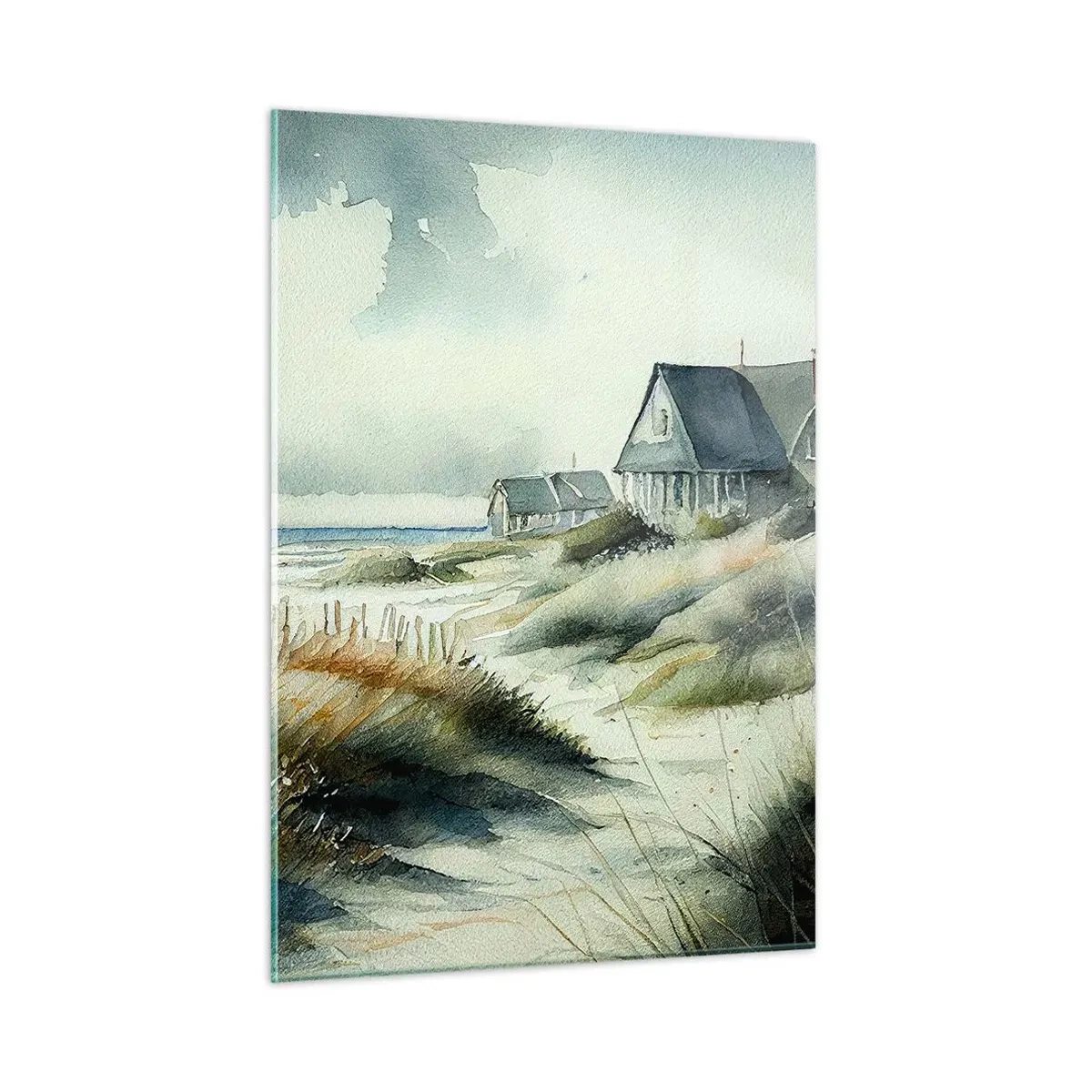 Obraz na szkle - Domy na wydmach przy plaży pod zachmurzonym niebem - 50x70cm - Z dala od zgiełku - Nowoczesna dekoracja ścienna do salonu, kuchni i sypialni ARTTOR