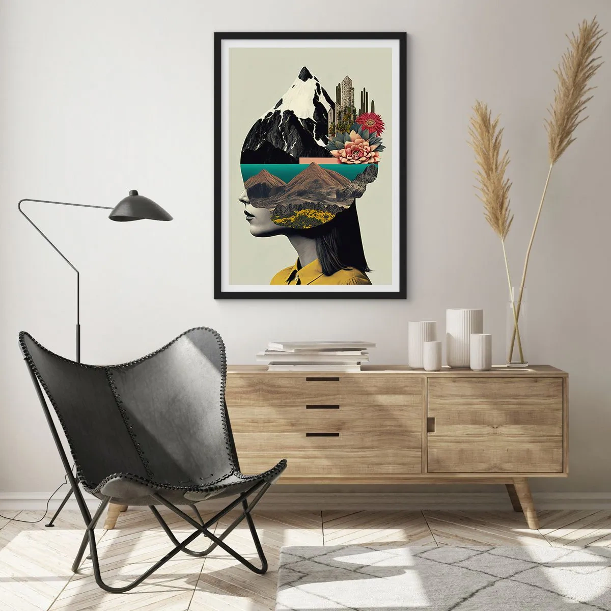 Plakat w czarnej ramie - Kobieta z surrealistycznym krajobrazem w głowie - 50x70cm - Kobieta – zawsze tajemnica - Nowoczesna dekoracja ścienna do salonu i sypialni ARTTOR