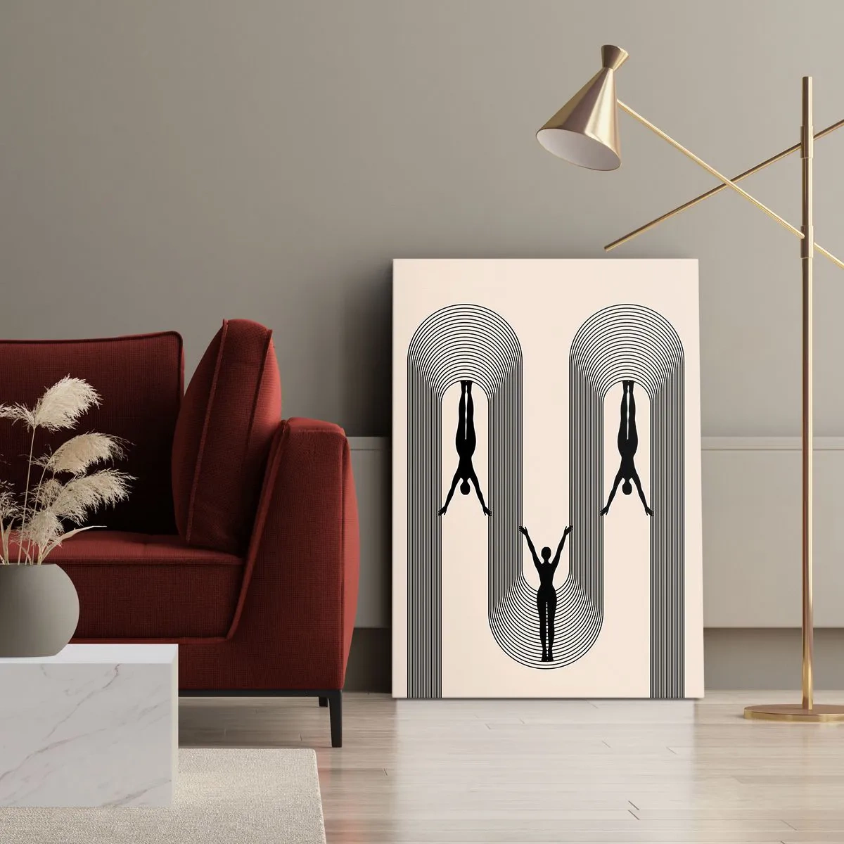 Obraz na płótnie - Czarne sylwetki postaci na tle geometrycznych łuków - 50x70cm - Do góry nogami - Nowoczesna dekoracja ścienna do salonu, kuchni i sypialni ARTTOR
