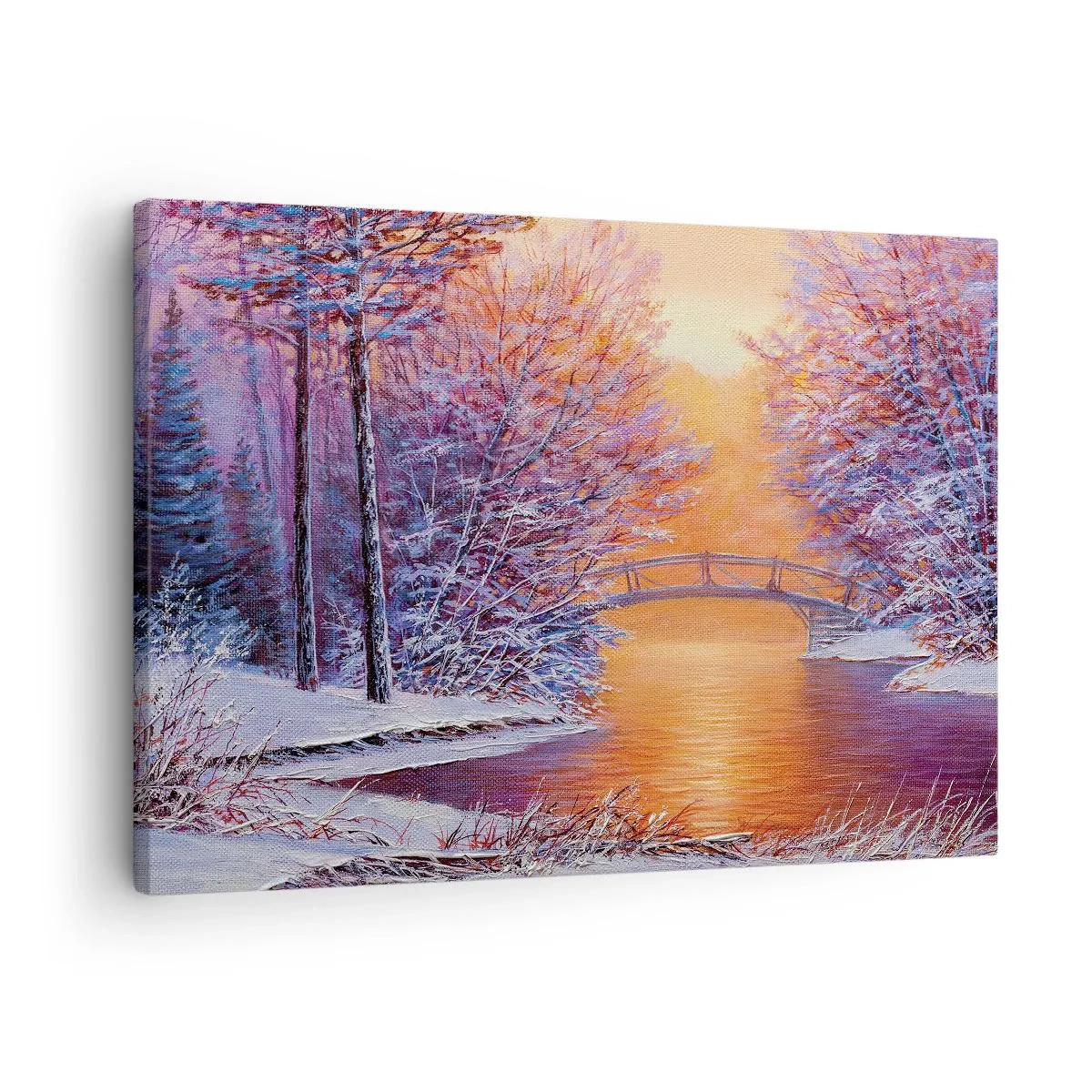 Obraz na płótnie - Spotkajmy się tu - Zimowy krajobraz z mostkiem i zachodem słońca - 70x50cm