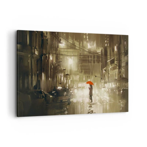 Obraz na płótnie - Postać z czerwonym parasolem w deszczowym mieście - 120x80cm - Sama, ale nie samotna - Nowoczesna dekoracja ścienna do salonu, kuchni i sypialni ARTTOR