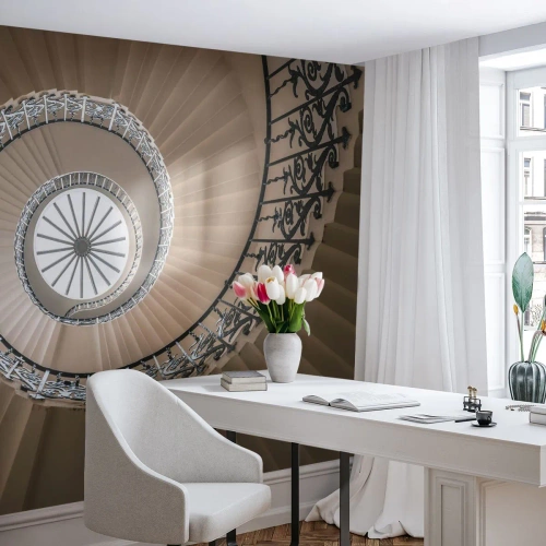 Fototapeta Premium Sand - Spiralne schody z kutą balustradą w stylu klasycznym - 100x70cm - W środku muszli - Nowoczesna dekoracja ścienna do salonu, kuchni i sypialni ARTTOR