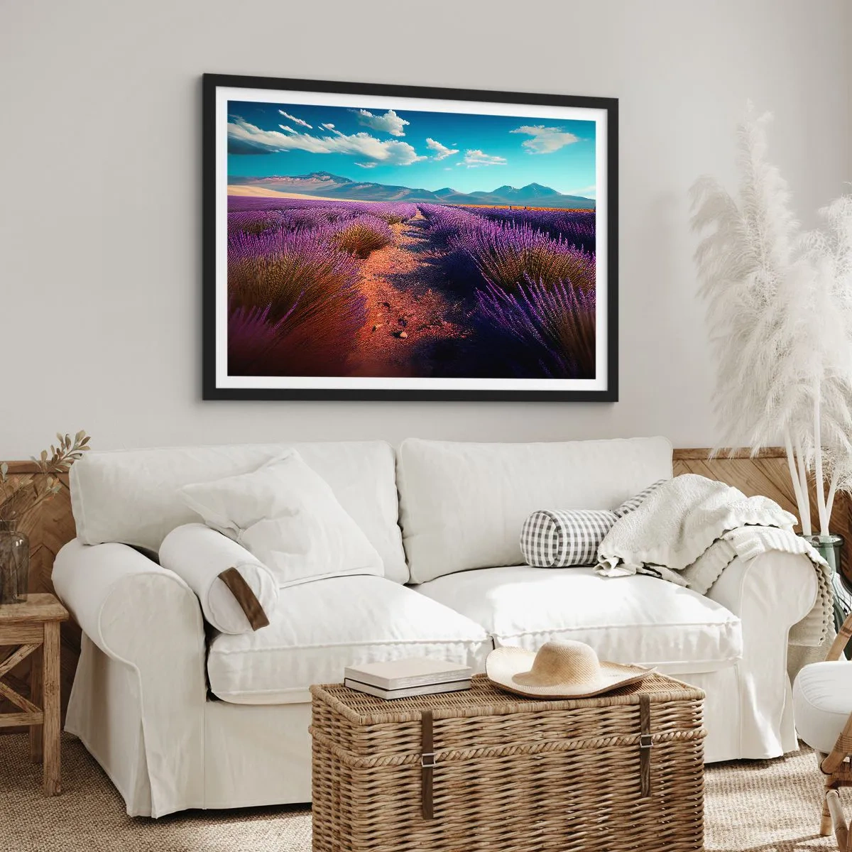 Plakat w czarnej ramie - Lawendowe pole z widokiem na góry i błękitne niebo - 70x50cm - Pachnące pola - Nowoczesna dekoracja ścienna do salonu i sypialni ARTTOR