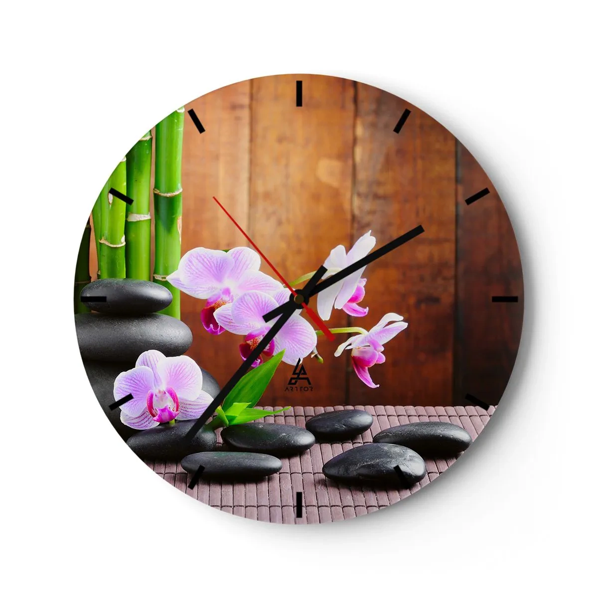 Zegar ścienny - Fioletowe orchidee z bambusem i kamieniami - 30x30cm - Poznaj przyjemności wschodu - Nowoczesna dekoracja ścienna do salonu, kuchni i sypialni ARTTOR
