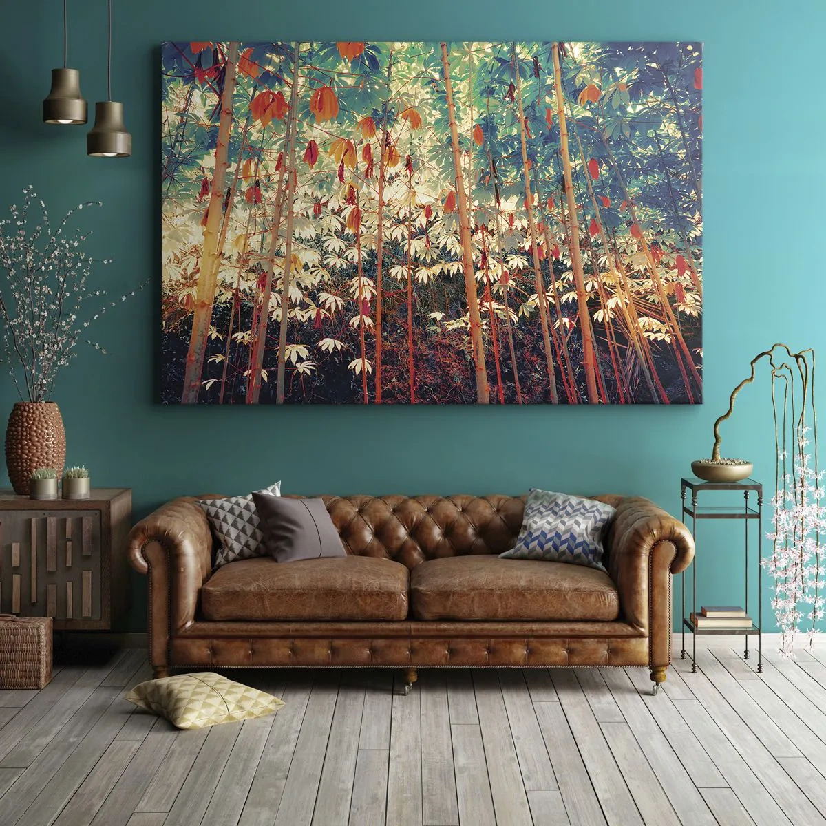 Obraz na płótnie - Kolorowy las bambusowy z intensywnymi barwami - 120x80cm - Tajemne życie liści - Nowoczesna dekoracja ścienna do salonu, kuchni i sypialni ARTTOR