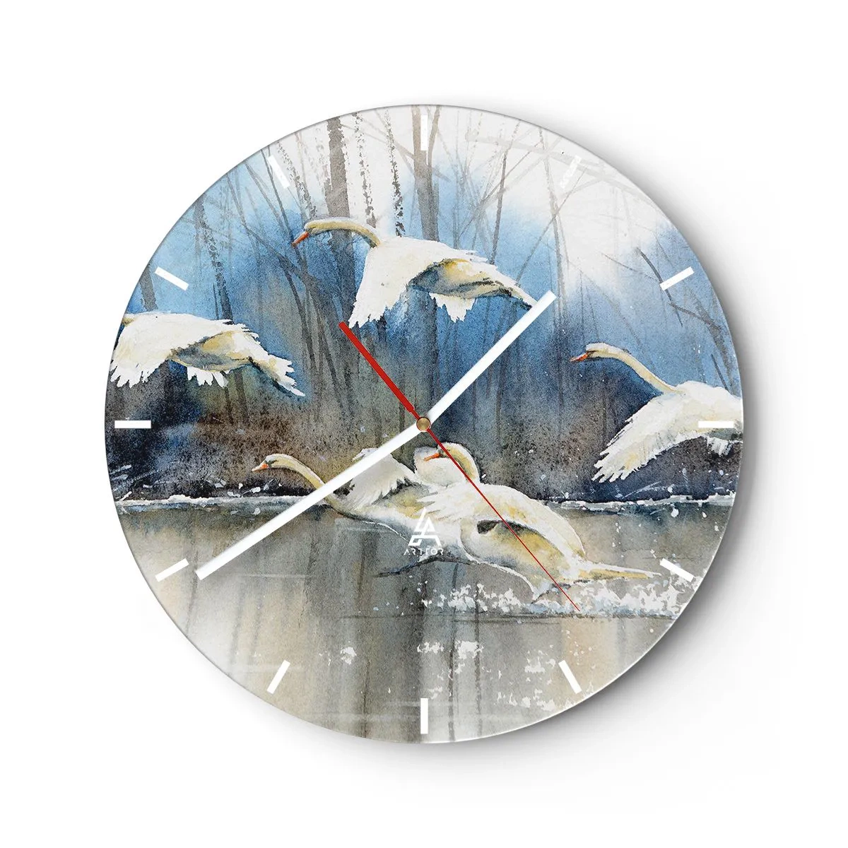 Zegar ścienny - Łabędzie wzlatujące znad tafli jeziora na tle lasu - 30x30cm - Jak w baśni o dzikich łabędziach - Nowoczesna dekoracja ścienna do salonu, kuchni i sypialni ARTTOR