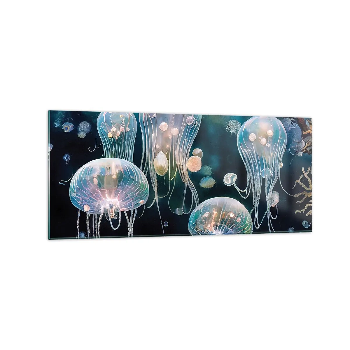 Obraz na szkle - Delikatne meduzy w podwodnym świecie - 120x50cm - Podwodny bal - Nowoczesna dekoracja ścienna do salonu i sypialni ARTTOR