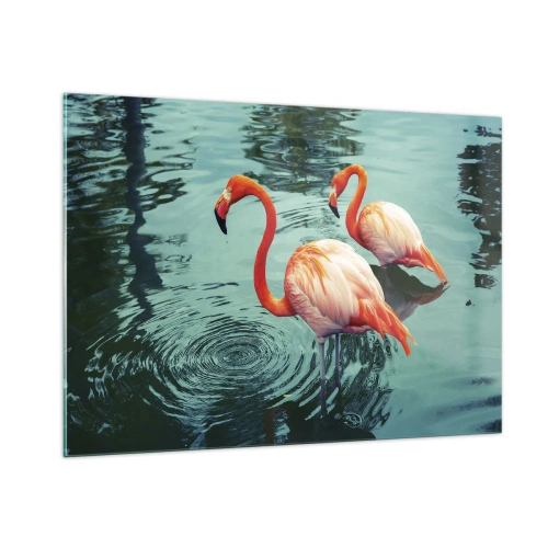 Obraz na szkle - Flamingi na wodzie w harmonijnej kompozycji - 100x70cm - Jesteśmy teraz w modzie - Nowoczesna dekoracja ścienna do salonu, kuchni i sypialni ARTTOR