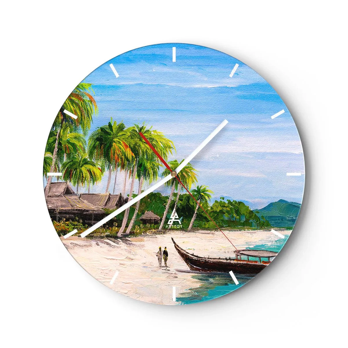 Zegar ścienny - Plaża z palmami, łodzią i egzotyczną zabudową w tle - 30x30cm - Egzotyczny sen - Nowoczesna dekoracja ścienna do salonu, kuchni i sypialni ARTTOR
