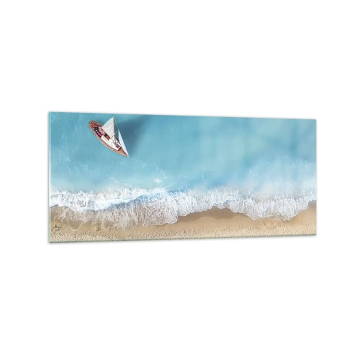Obraz na szkle - Łódka przy plaży w widoku z lotu ptaka - 120x50cm - Na granicy błękitu i złota - Nowoczesna dekoracja ścienna do salonu i sypialni ARTTOR