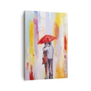 Obraz na płótnie - Para pod czerwoną parasolką na tle kolorowych budynków - 70x100cm - Niech pada dalej - Nowoczesna dekoracja ścienna do salonu i sypialni ARTTOR