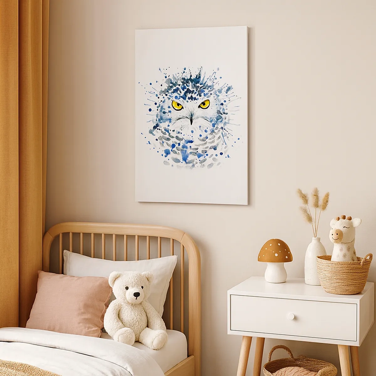 Obraz na płótnie - Abstrakcyjny portret sowy w odcieniach niebieskiego - 50x70cm - Prosto w oczy - Nowoczesna dekoracja ścienna do salonu, kuchni i sypialni ARTTOR
