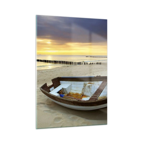 Obraz na szkle - Łódź na piaszczystej plaży o wschodzie słońca - 50x70cm - Nie ma piękniejszych plaż - Nowoczesna dekoracja ścienna do salonu, kuchni i sypialni ARTTOR