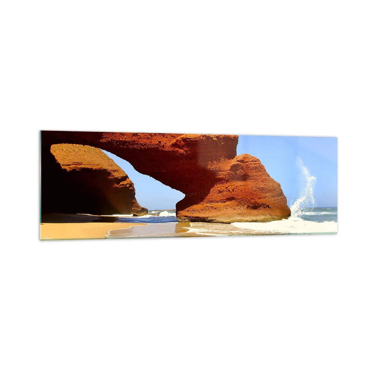 Obraz na szkle - Naturalny łuk skalny na plaży z błękitnym niebem i falami - 160x50cm - Woda i wiatr przez tysiące lat - Nowoczesna dekoracja ścienna do salonu i sypialni ARTTOR