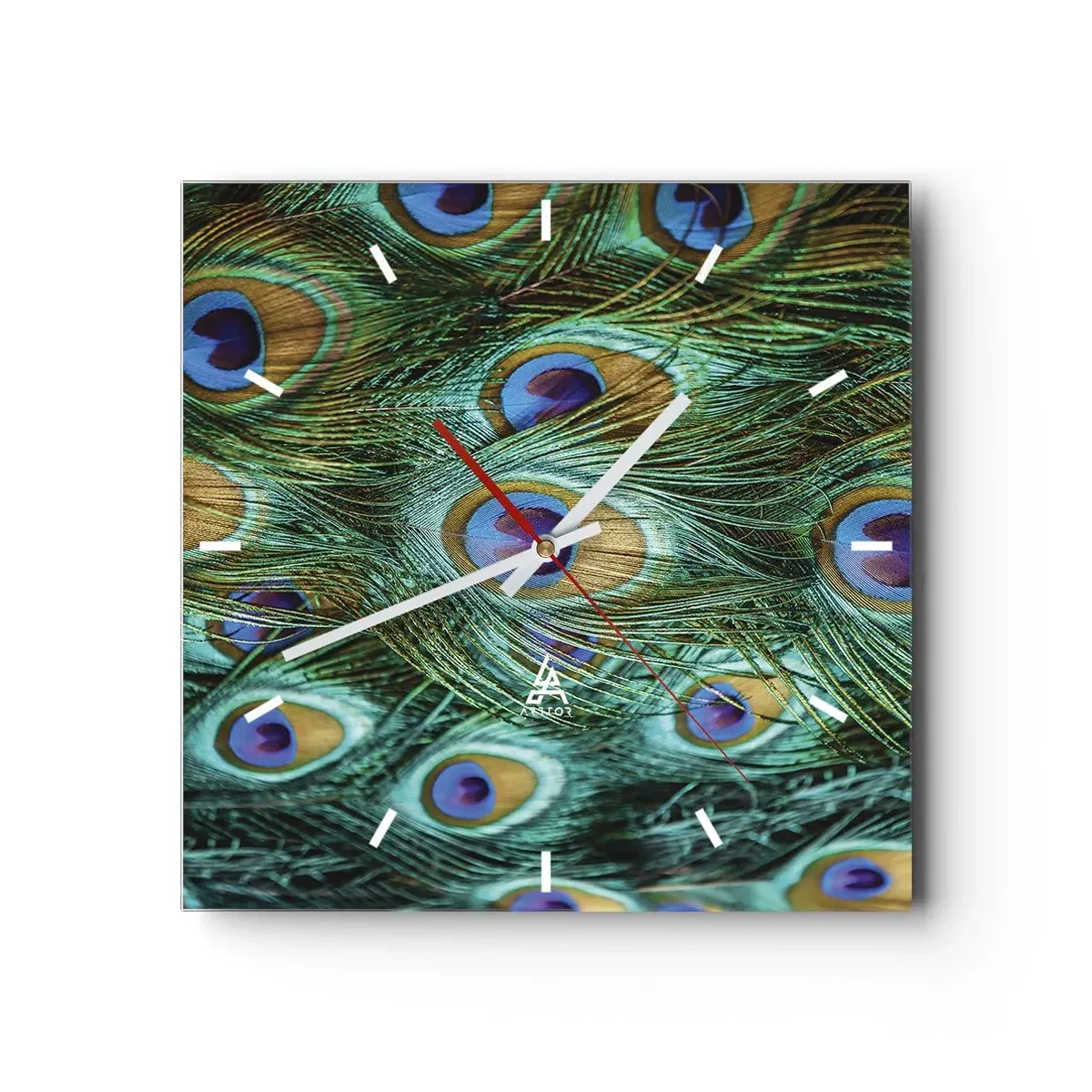 Zegar ścienny - Detale pawich piór w soczystych kolorach - 30x30cm - Pawiookie spojrzenie - Nowoczesna dekoracja ścienna do salonu i sypialni ARTTOR