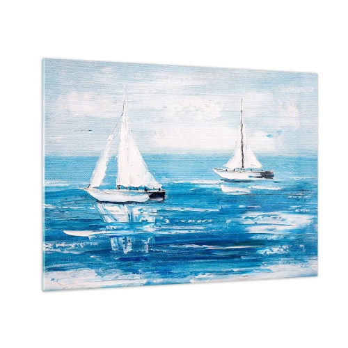 Obraz na szkle - Dwie białe żaglówki na spokojnym, błękitnym morzu - 70x50cm - Z przyjacielem u boku - Nowoczesna dekoracja ścienna do salonu i sypialni ARTTOR