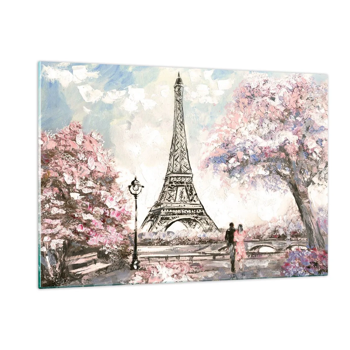 Obraz na szkle - Ilustracja przedstawiająca Wieżę Eiffla w wiosennej scenerii - 120x80cm - Kwietniowy spacer po Paryżu - Nowoczesna dekoracja ścienna do salonu, kuchni i sypialni ARTTOR