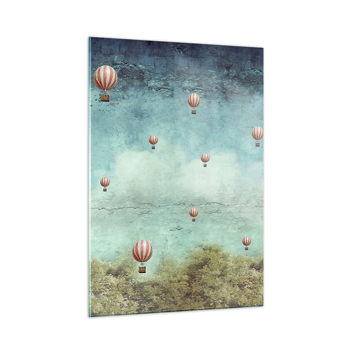 Obraz na szkle - Balony unoszące się nad zielonym krajobrazem - 50x70cm - Wolni od zgiełku życia - Nowoczesna dekoracja ścienna do salonu, kuchni i sypialni ARTTOR